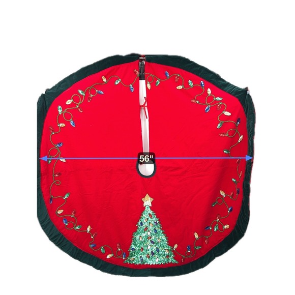 Vintage Christmas Tree Skirt Red Velvet Sequin Lights Tree Ornament Star 56 " - Picture 2 of 13
